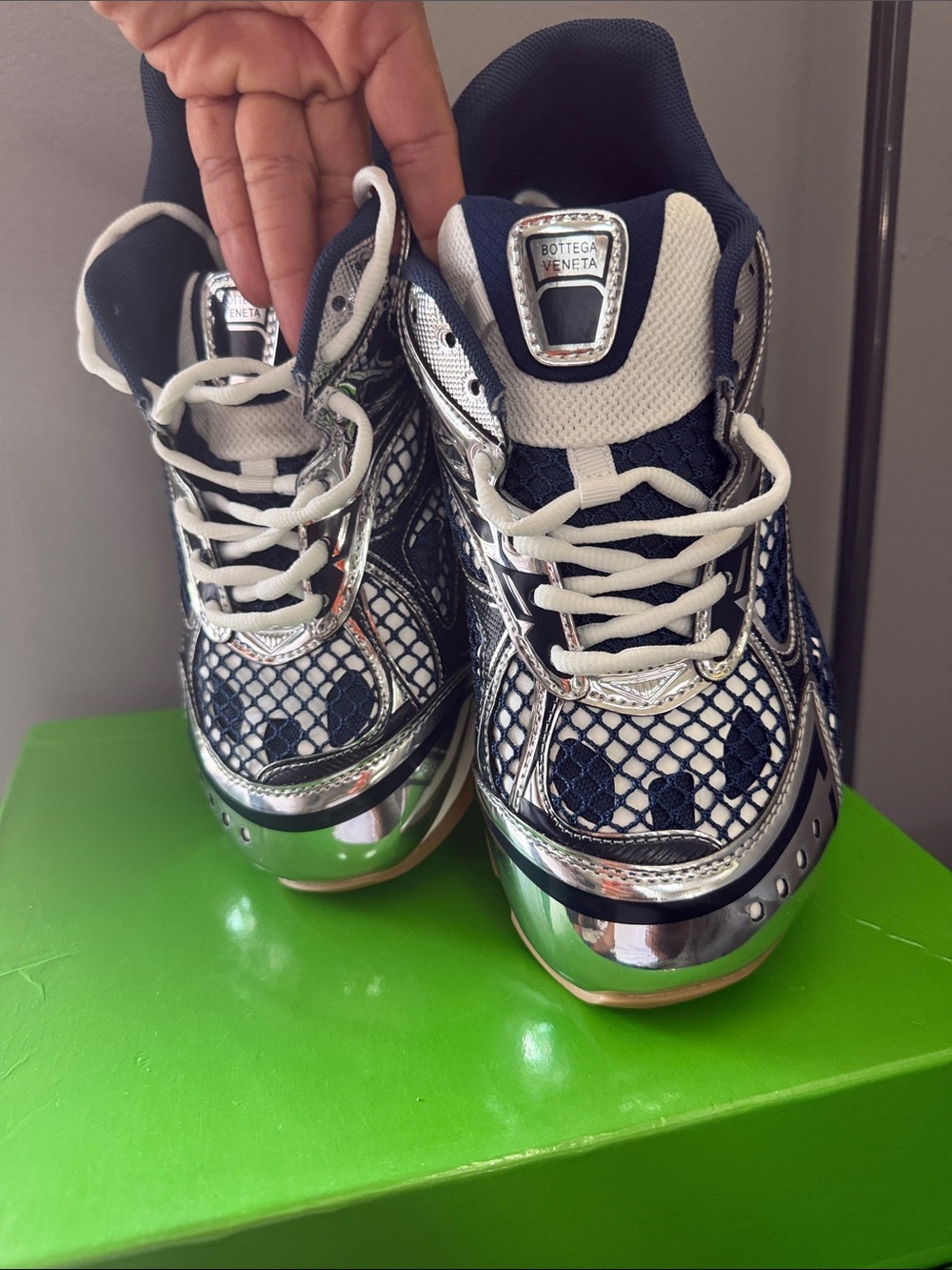 Bottega Veneta Silver & Navy Mesh Tennis Sneakers - Picture 6 of 6